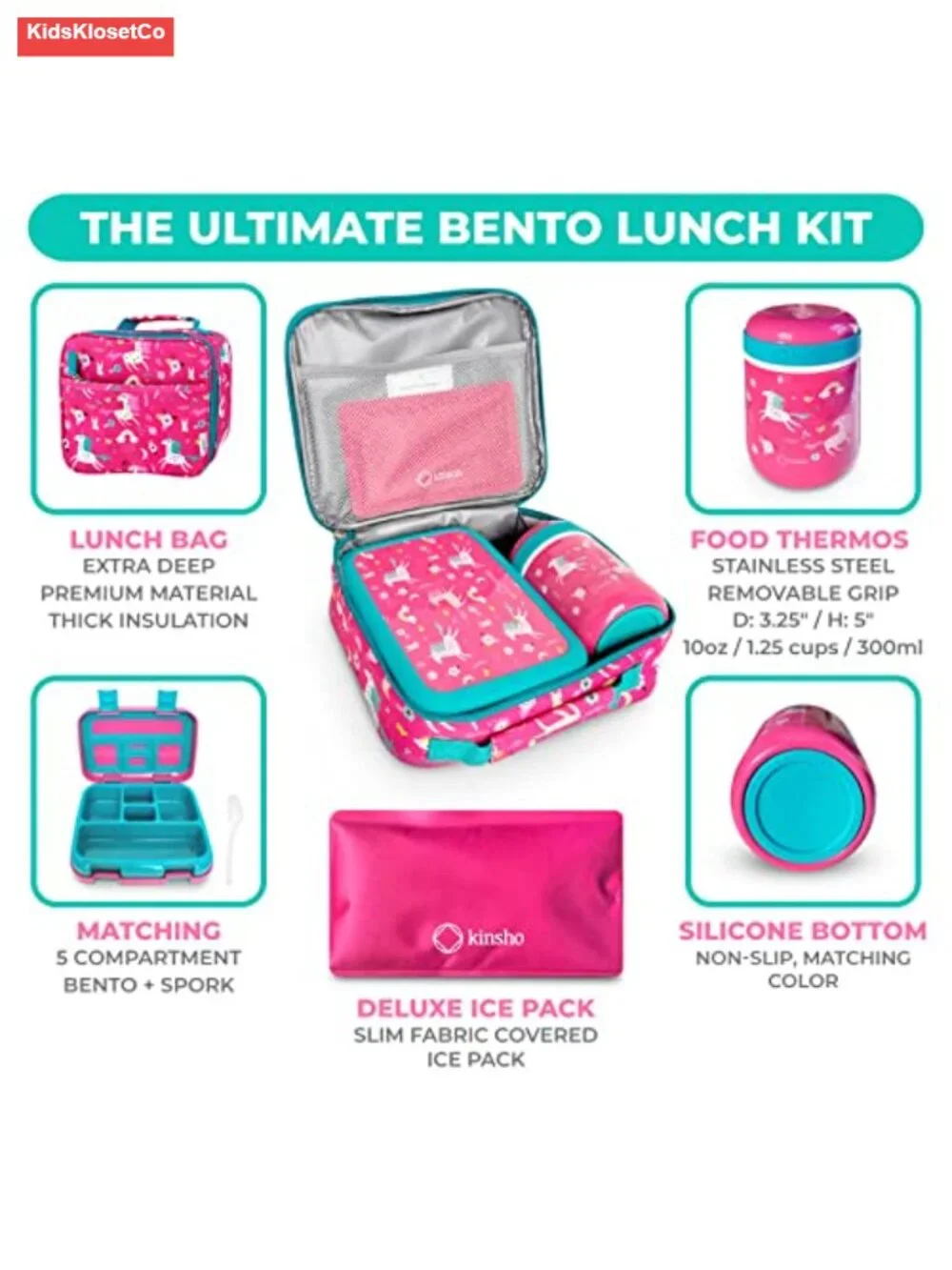 Kids Bento Lunch Box Set with Thermo, Bag & Ice Pack | Stainless Steel